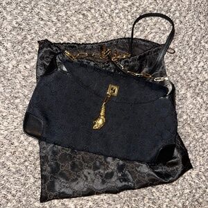Gucci Leather Tiger Head Shoulder Bag Animalier Black Suede Women's Vintage
